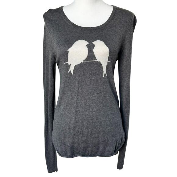 ANN TAYLOR Women Small Grey Sweater Long Sleeve Tunic White Love Birds Wool Soft - Picture 3 of 10